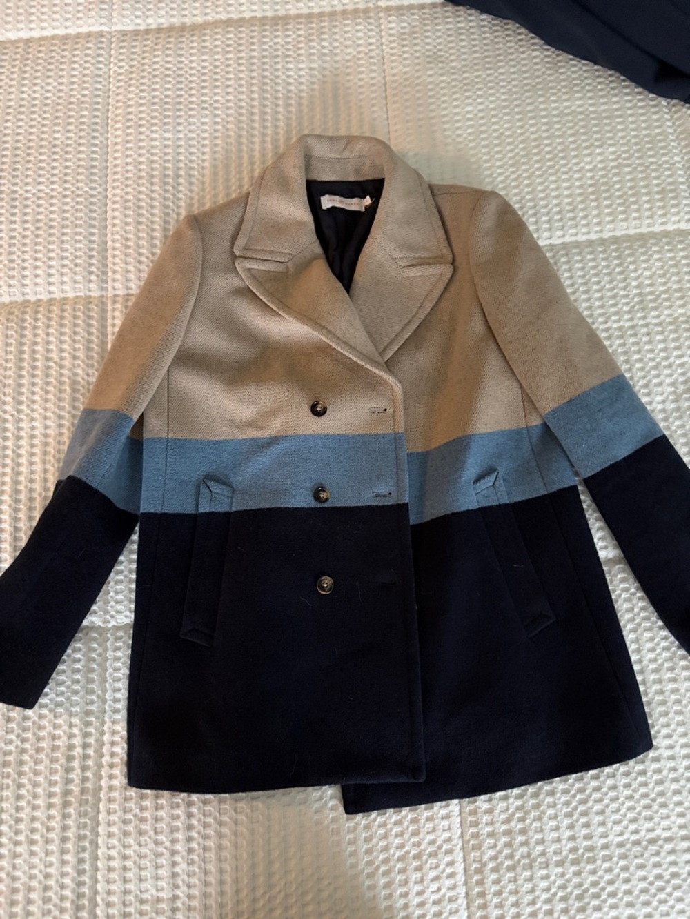 Tori Burch Colorblock Wool Blend Coat in Navy, Gray-Blue & Camel